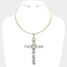 Load image into Gallery viewer, Gold Glass Stone Embellished Cross Pendant Necklace
