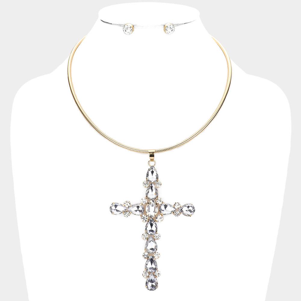 Gold Glass Stone Embellished Cross Pendant Necklace