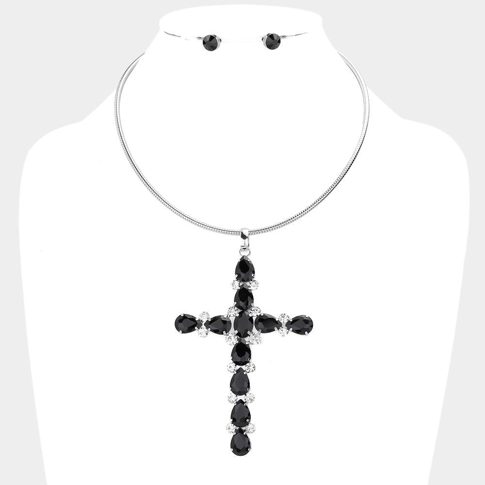 Black Glass Stone Embellished Cross Pendant Necklace