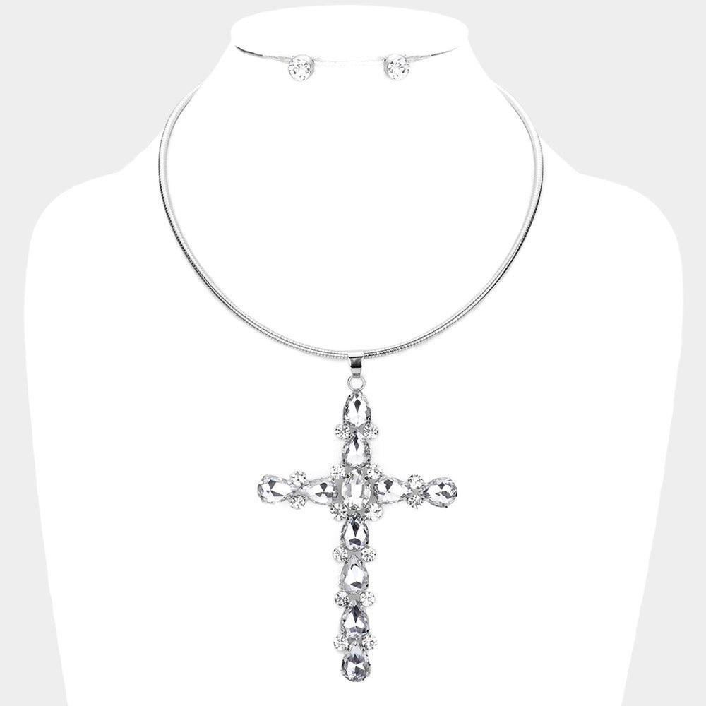 Glass Stone Embellished Cross Pendant Necklace