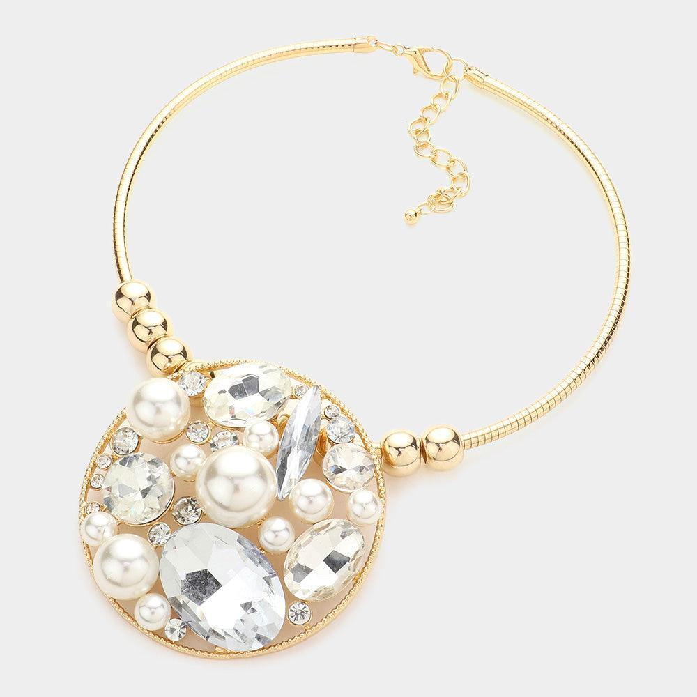 Gold Pearl Multi Stone Cluster Open Circle Necklace - Jewelry Store by Erik Rayo