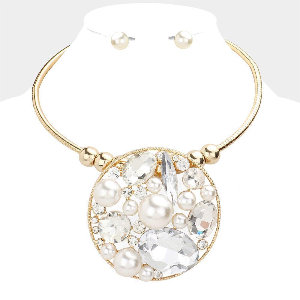 Gold Pearl Multi Stone Cluster Open Circle Necklace - Jewelry Store by Erik Rayo