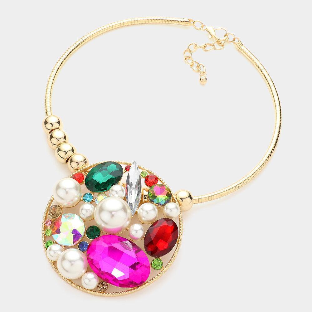 Gold Pearl Multi Stone Cluster Open Circle Necklace - Jewelry Store by Erik Rayo