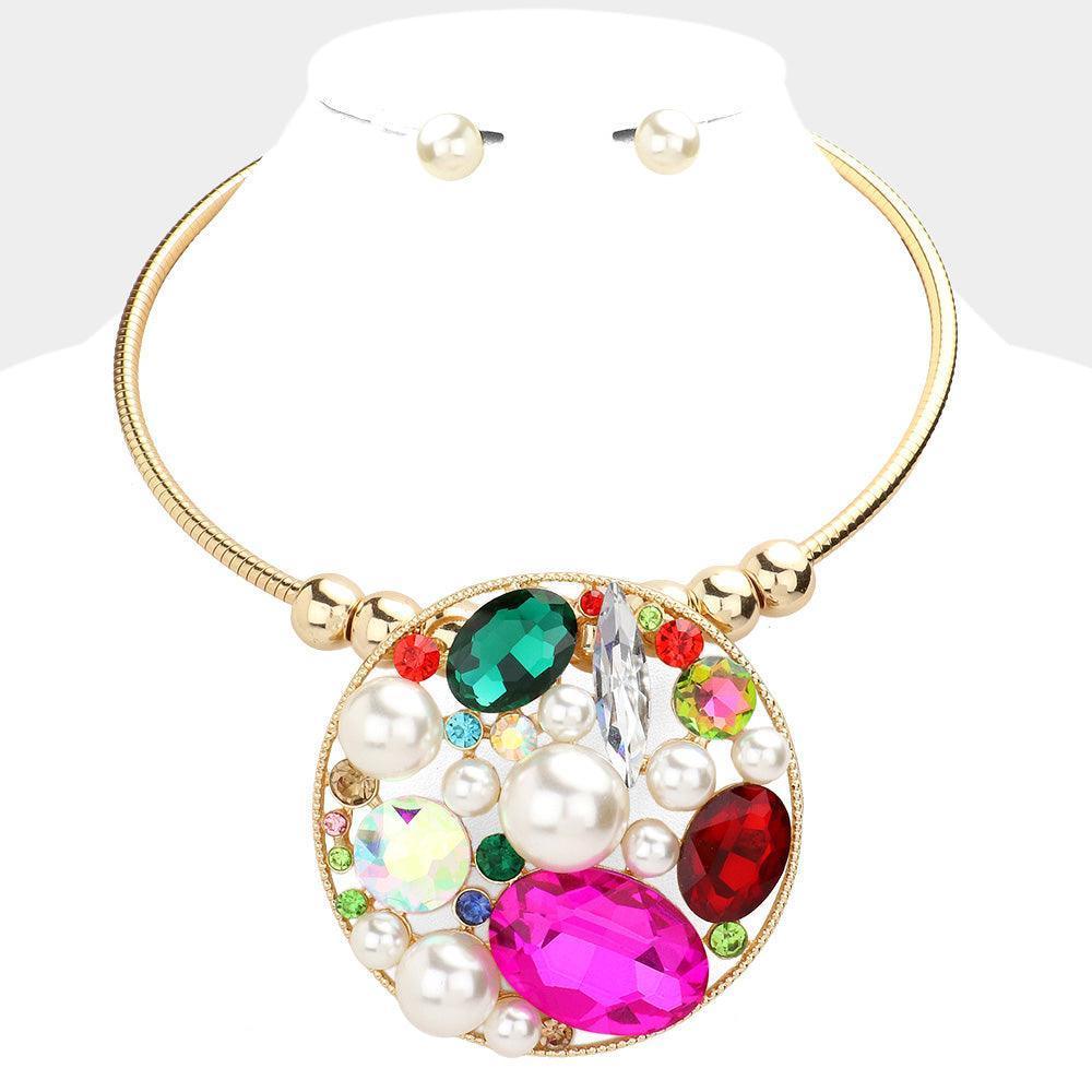 Gold Pearl Multi Stone Cluster Open Circle Necklace - Jewelry Store by Erik Rayo