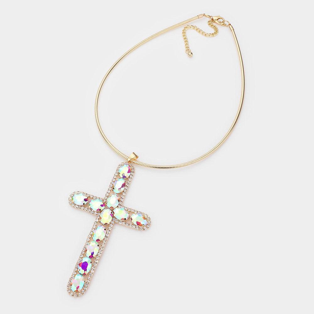 Gold Glass Stone Embellished Cross Pendant Necklace - Jewelry Store by Erik Rayo
