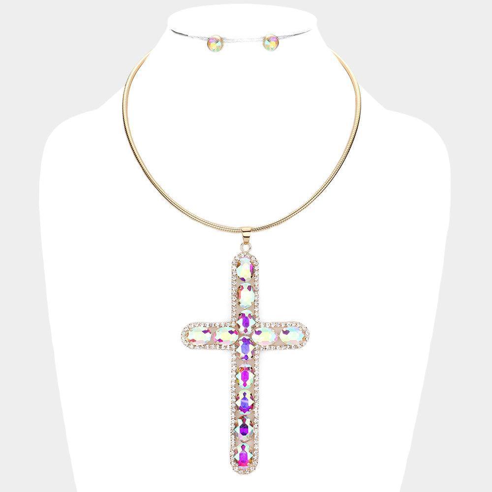 Gold Glass Stone Embellished Cross Pendant Necklace - Jewelry Store by Erik Rayo