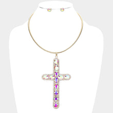 Load image into Gallery viewer, Gold Glass Stone Embellished Cross Pendant Necklace
