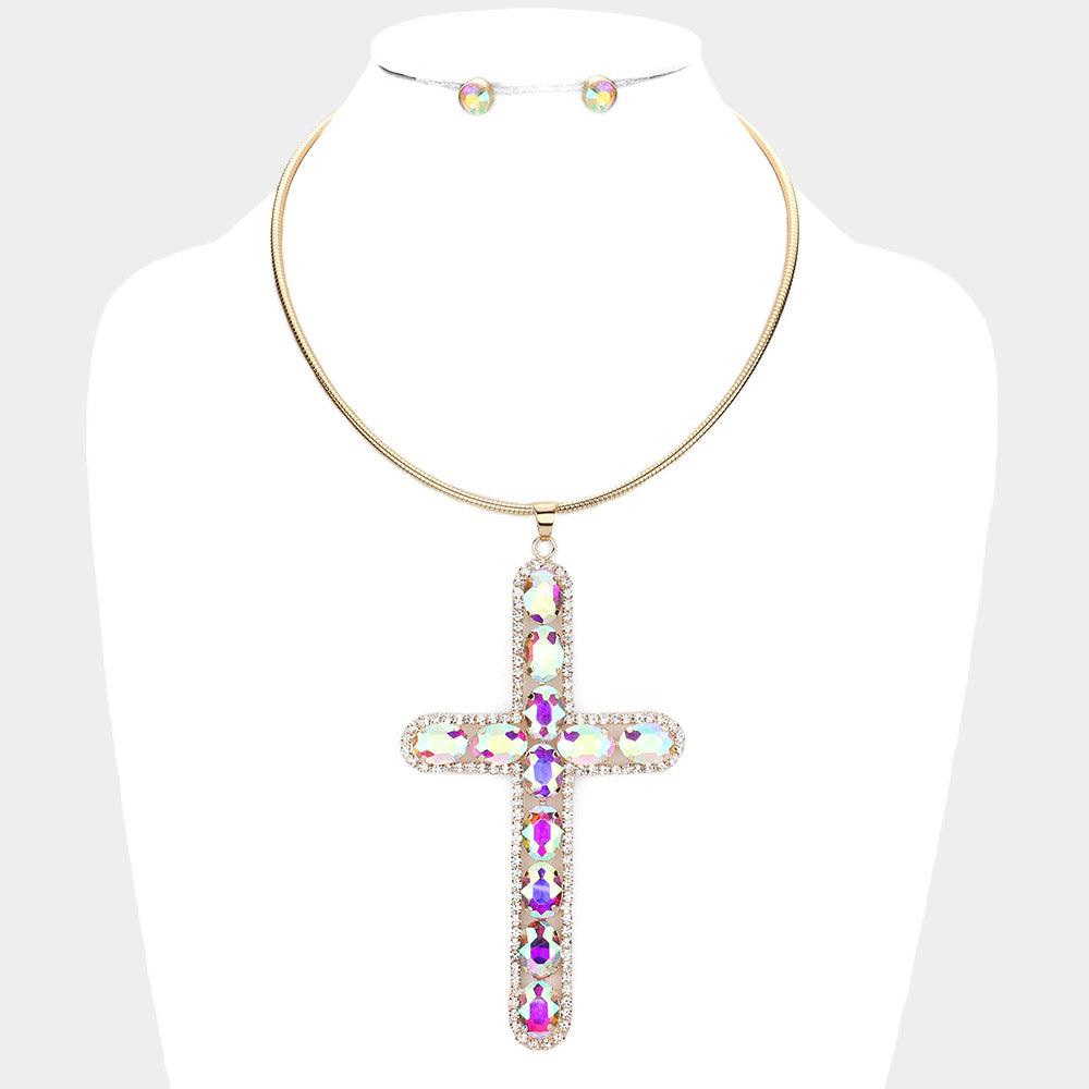 Gold Glass Stone Embellished Cross Pendant Necklace