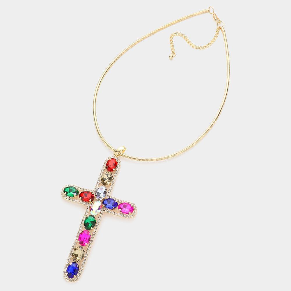 Gold Glass Stone Embellished Cross Pendant Necklace - Jewelry Store by Erik Rayo