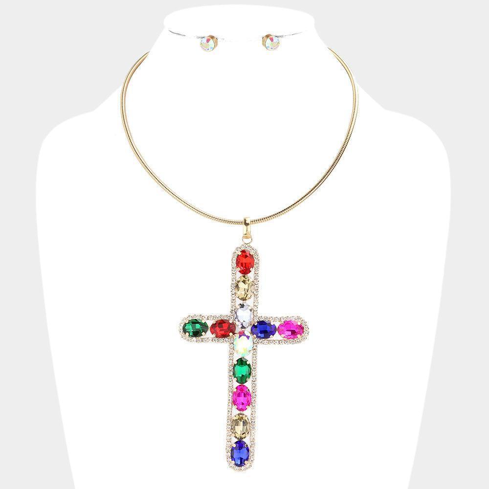 Gold Glass Stone Embellished Cross Pendant Necklace - Jewelry Store by Erik Rayo