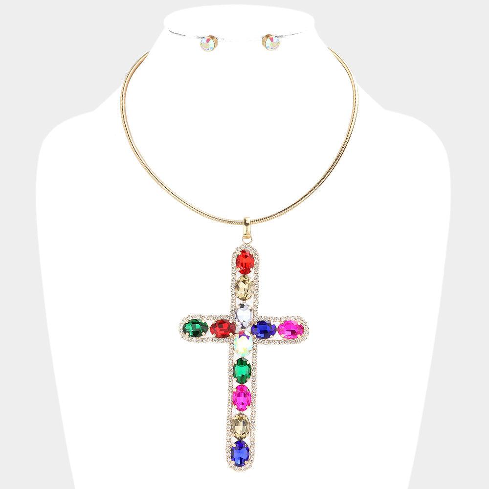 Gold Glass Stone Embellished Cross Pendant Necklace