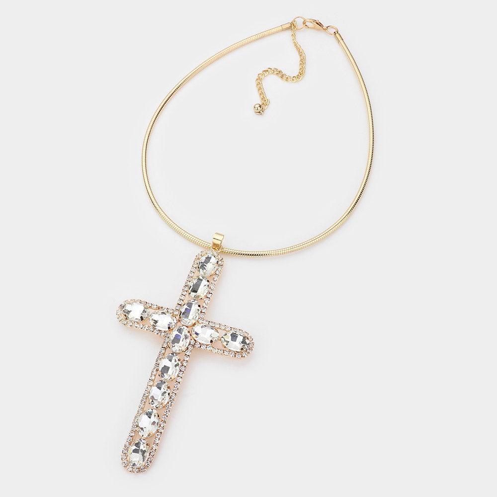 Gold Glass Stone Embellished Cross Pendant Necklace - Jewelry Store by Erik Rayo