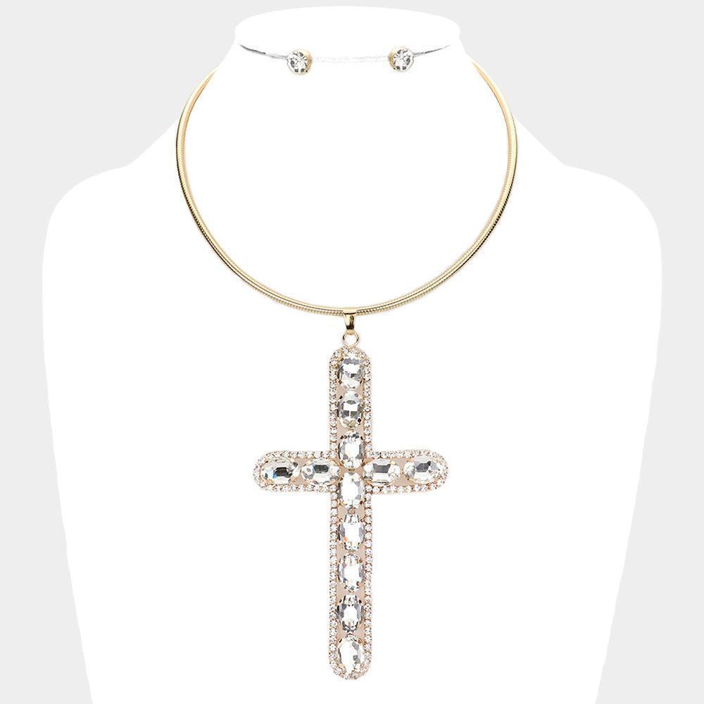 Gold Glass Stone Embellished Cross Pendant Necklace - Jewelry Store by Erik Rayo