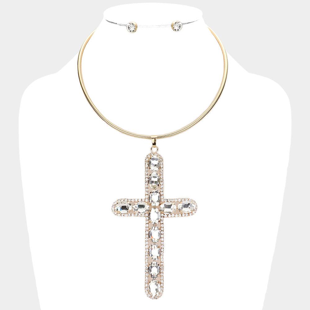 Gold Glass Stone Embellished Cross Pendant Necklace