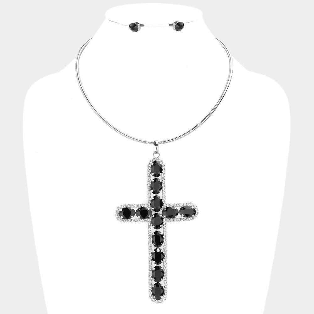 Black Glass Stone Embellished Cross Pendant Necklace