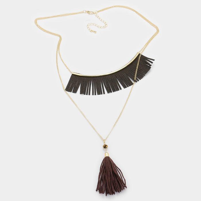Gold Double layer faux suede fringe bar & thread tassel pendant necklace - Jewelry Store by Erik Rayo