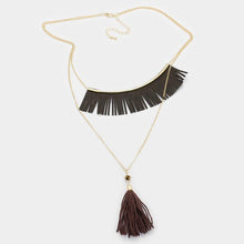 Load image into Gallery viewer, Gold Double layer faux suede fringe bar &amp; thread tassel pendant necklace
