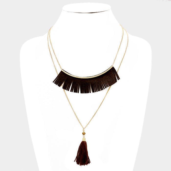 Gold Double layer faux suede fringe bar & thread tassel pendant necklace - Jewelry Store by Erik Rayo