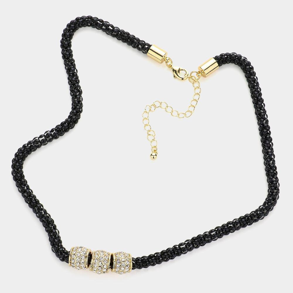 Black Rhinestone Embellished Triple Ring Accented Necklace - Jewelry Store by Erik Rayo