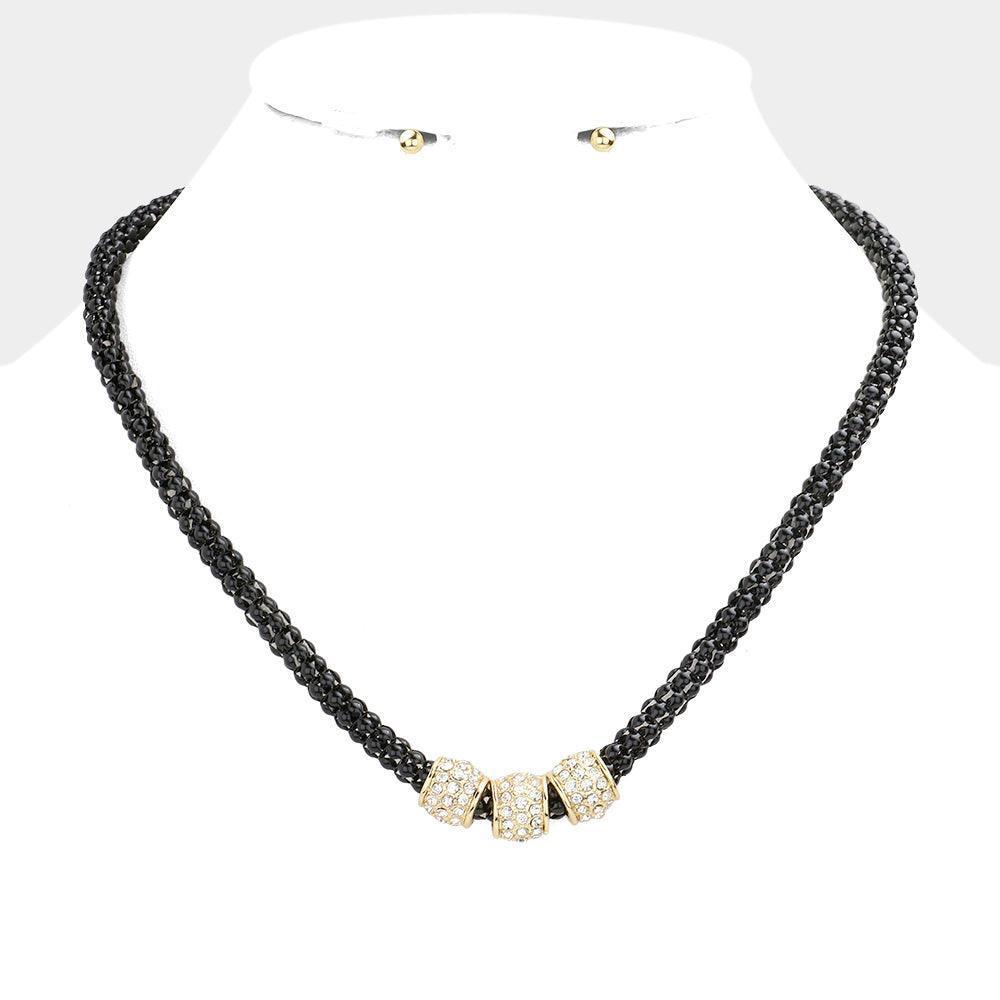 Black Rhinestone Embellished Triple Ring Accented Necklace