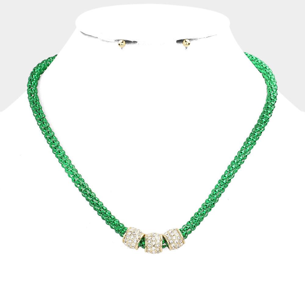 Green Rhinestone Embellished Triple Ring Accented Necklace