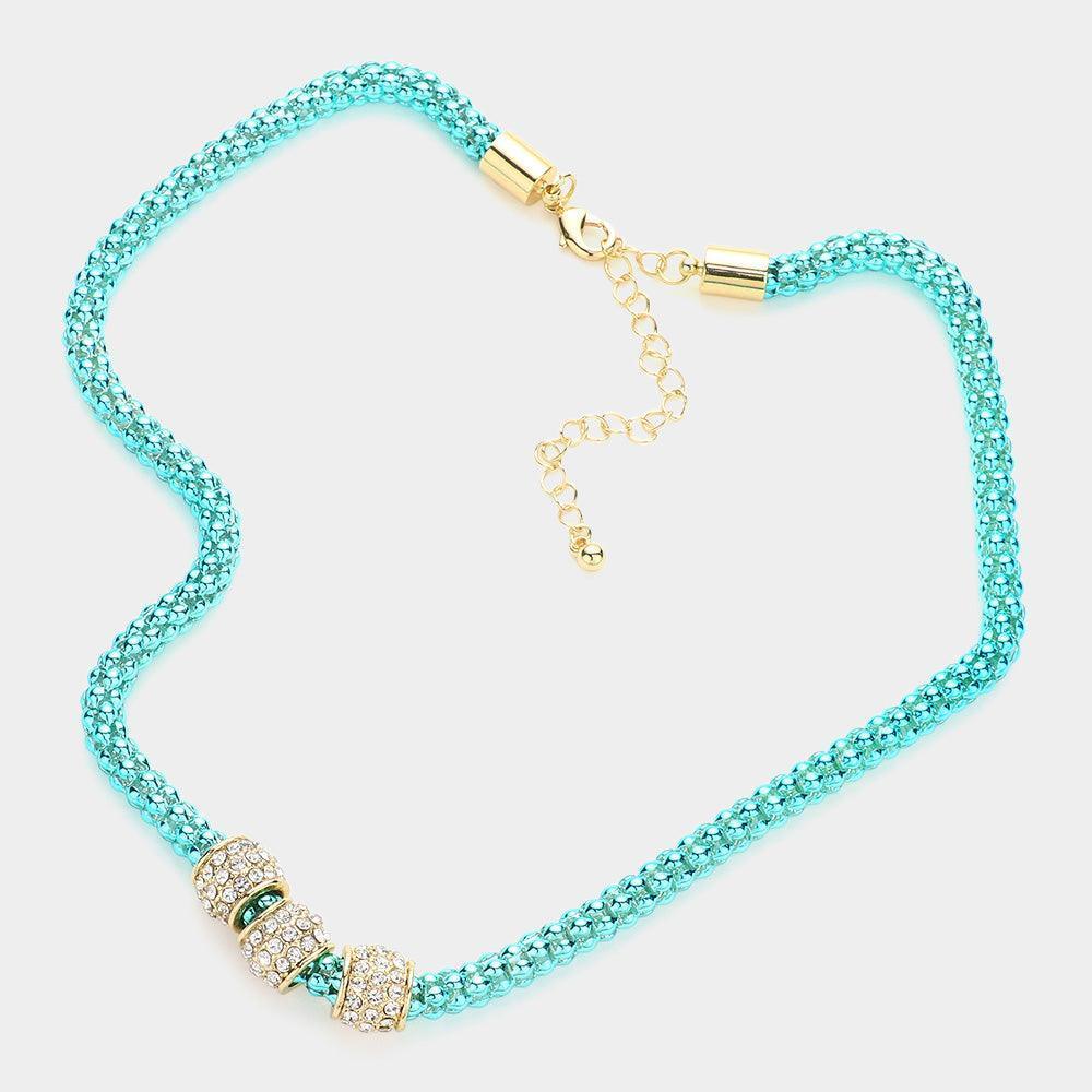 Turquoise Rhinestone Embellished Triple Ring Accented Necklace - Jewelry Store by Erik Rayo
