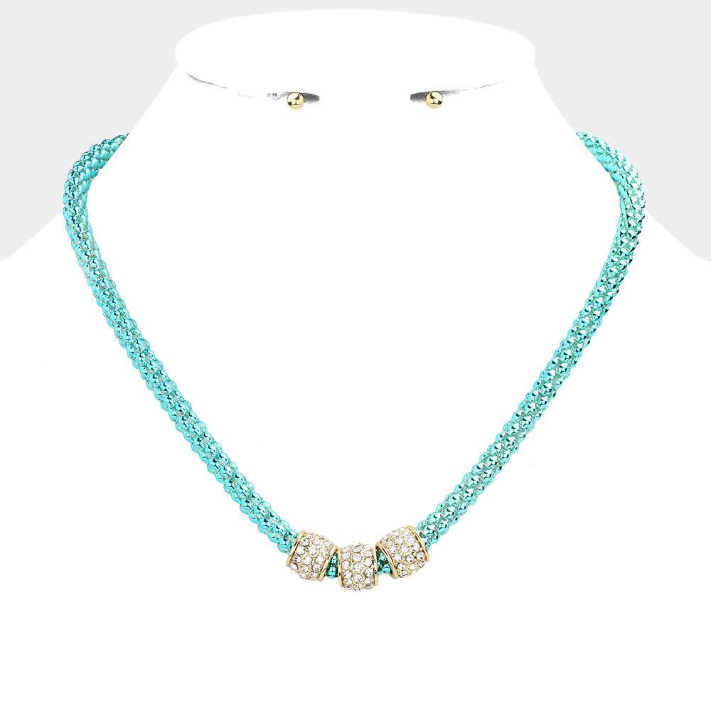 Turquoise Rhinestone Embellished Triple Ring Accented Necklace