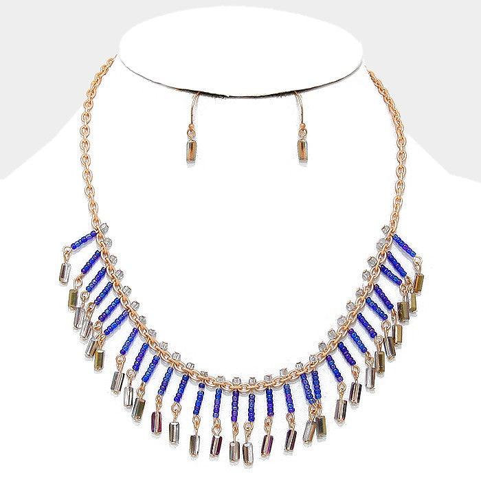 Gold Bead fringe fan bib necklace