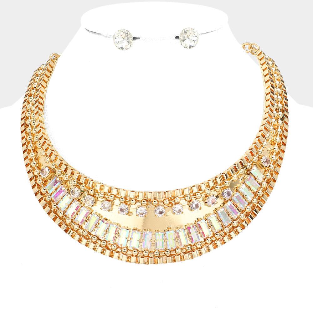 Gold Stone Embellished Metal Collar Necklace