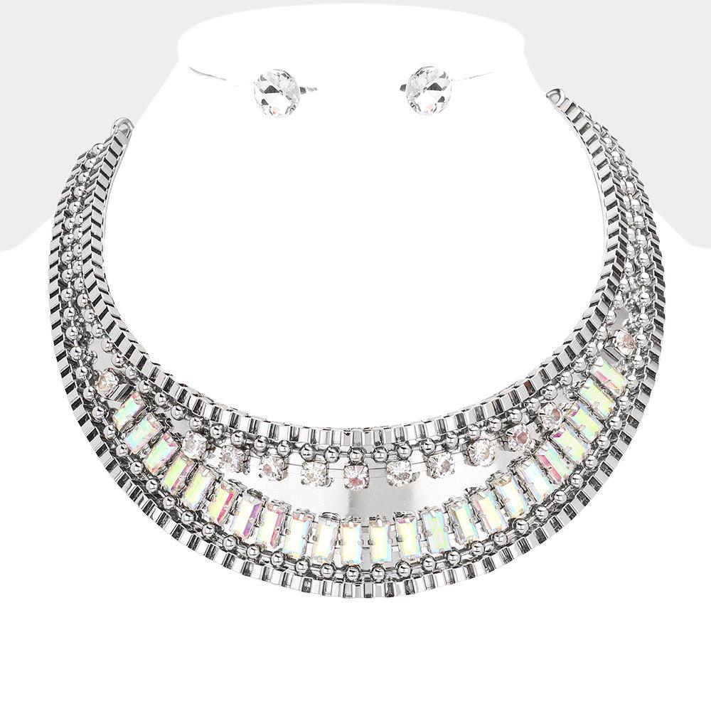 Stone Embellished Metal Collar Necklace