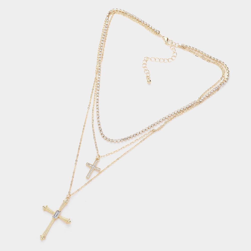 Gold Stone Paved Cross Pendant Double Layered Necklace - Jewelry Store by Erik Rayo