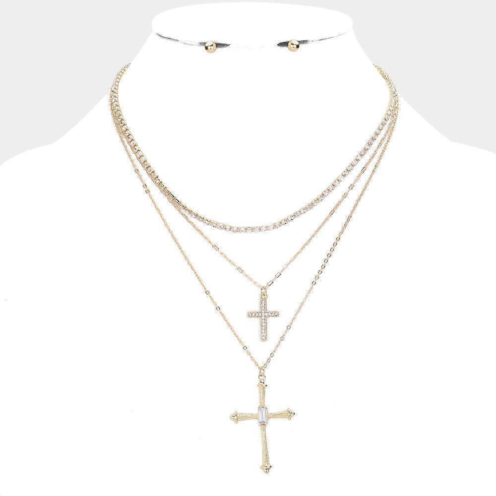 Gold Stone Paved Cross Pendant Double Layered Necklace - Jewelry Store by Erik Rayo