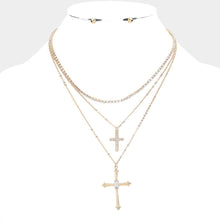 Load image into Gallery viewer, Gold Stone Paved Cross Pendant Double Layered Necklace
