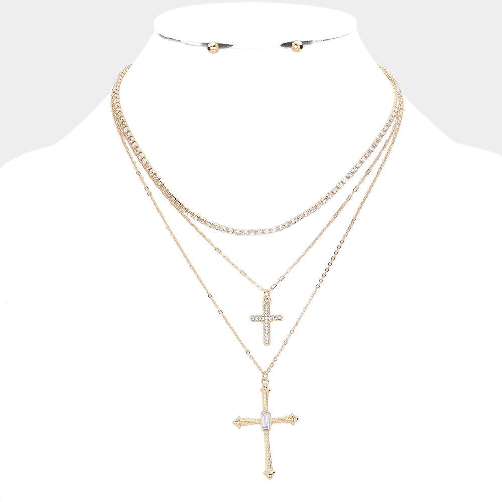 Gold Stone Paved Cross Pendant Double Layered Necklace