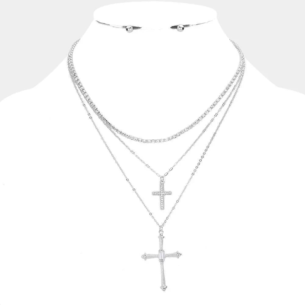 Stone Paved Cross Pendant Double Layered Necklace - Jewelry Store by Erik Rayo