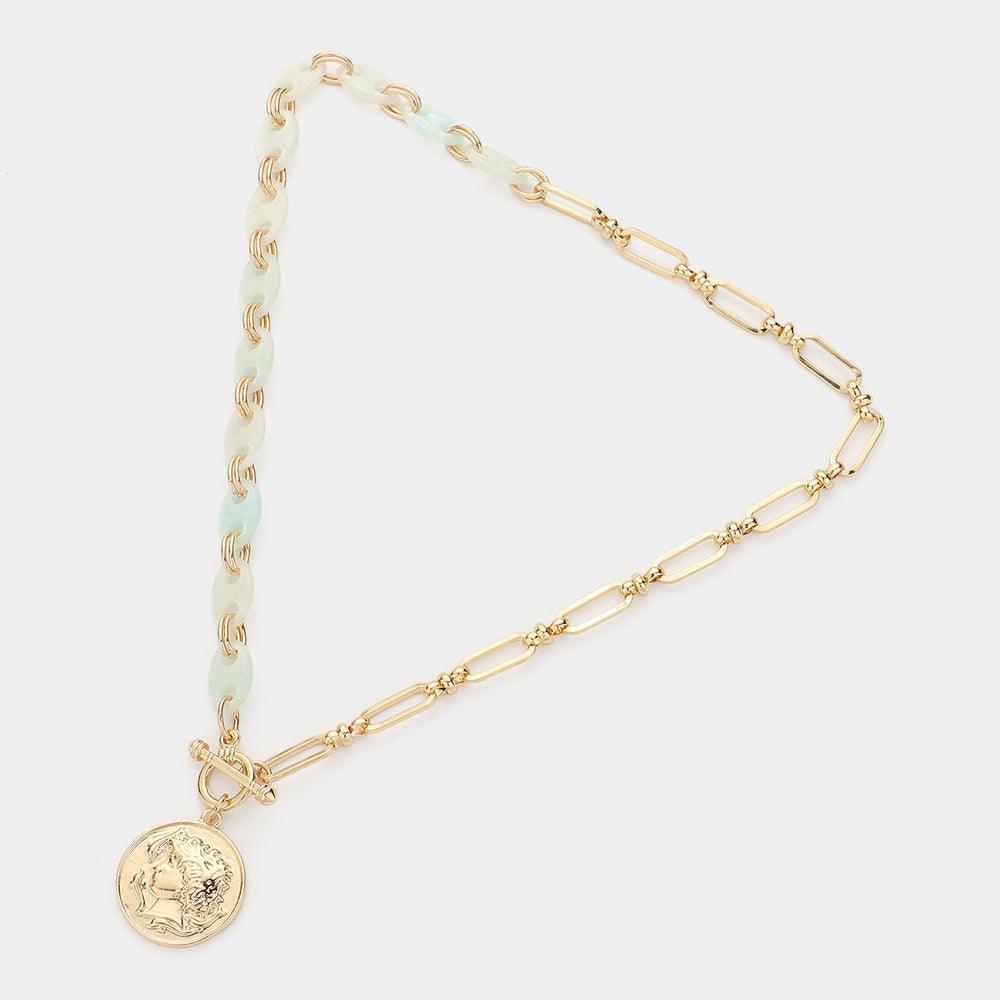 Metal Coin Pendant Celluloid Acetate Link Toggle Necklace - Jewelry Store by Erik Rayo