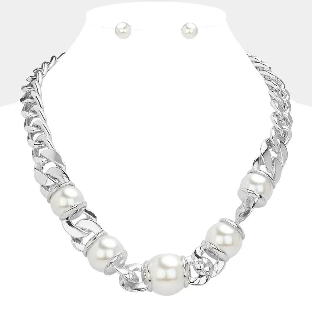 White Pearl Pointed Chunky Chain Necklace - Jewelry Store by Erik Rayo