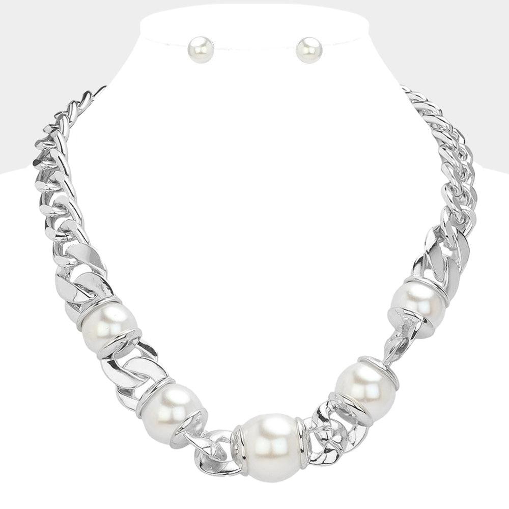 White Pearl Pointed Chunky Chain Necklace