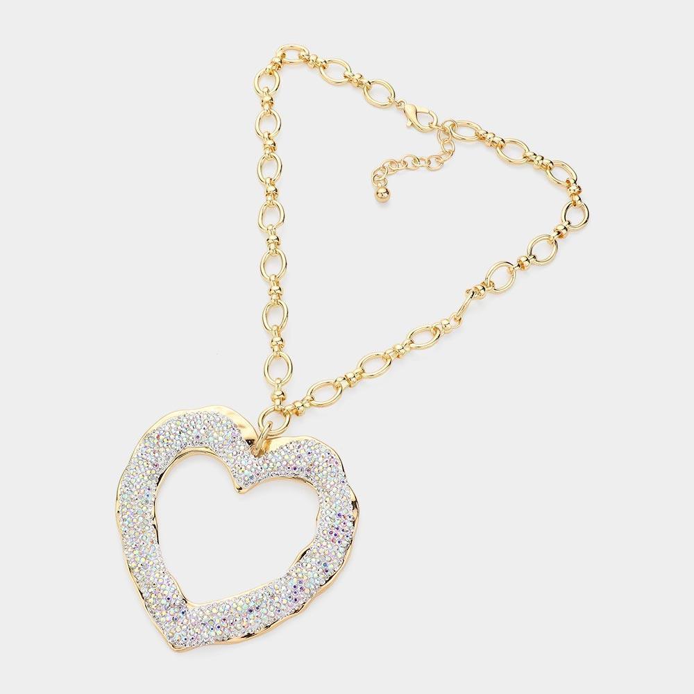 Gold Over Sized Stone Paved Open Heart Pendant Chunky Chain Necklace - Jewelry Store by Erik Rayo