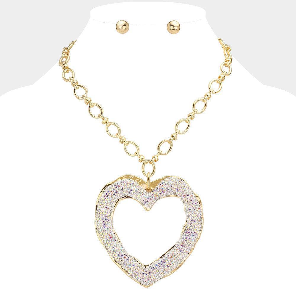 Gold Over Sized Stone Paved Open Heart Pendant Chunky Chain Necklace - Jewelry Store by Erik Rayo