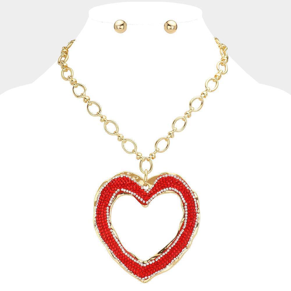Red Over Sized Stone Paved Open Heart Pendant Chunky Chain Necklace - Jewelry Store by Erik Rayo