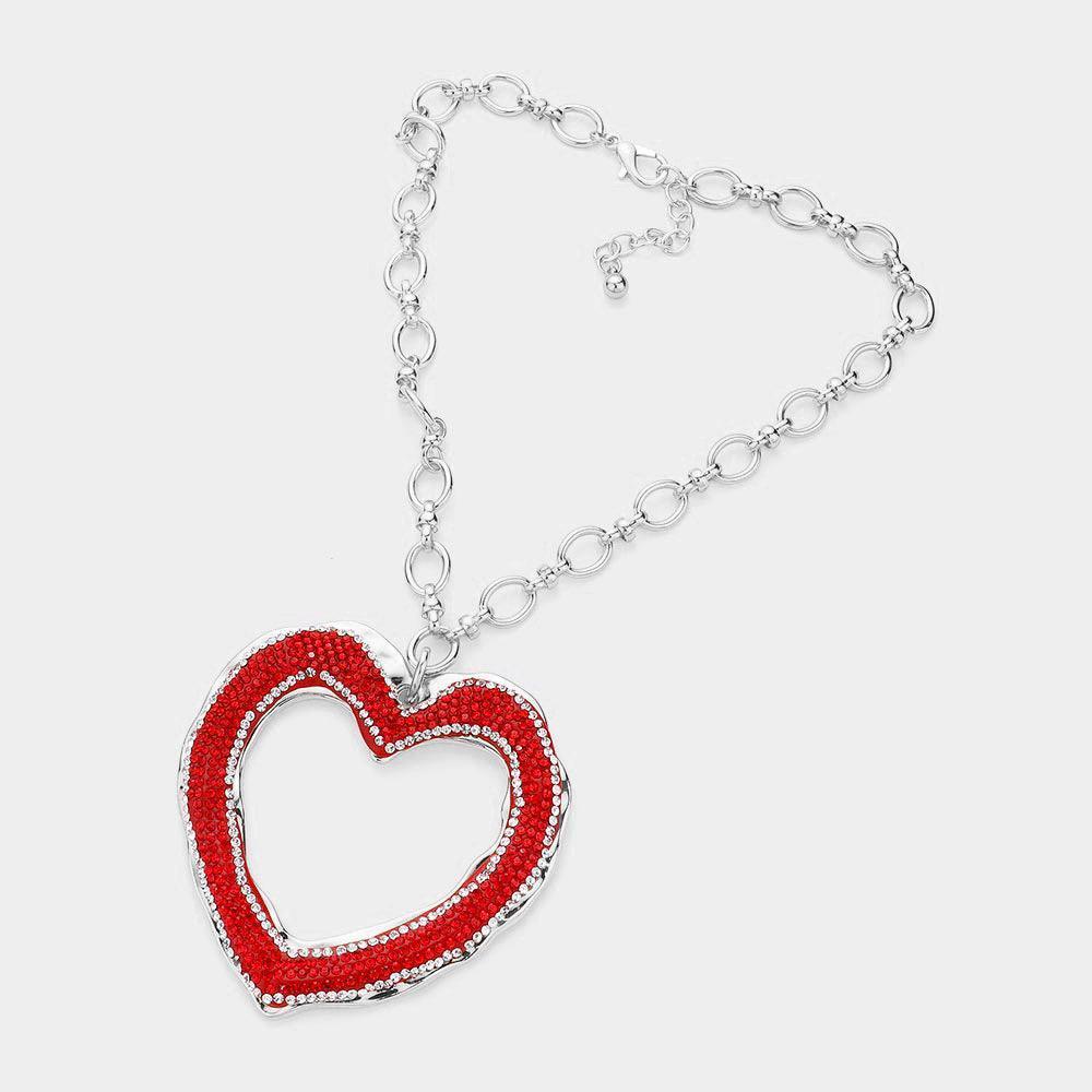 Red Over Sized Stone Paved Open Heart Pendant Chunky Chain Necklace - Jewelry Store by Erik Rayo
