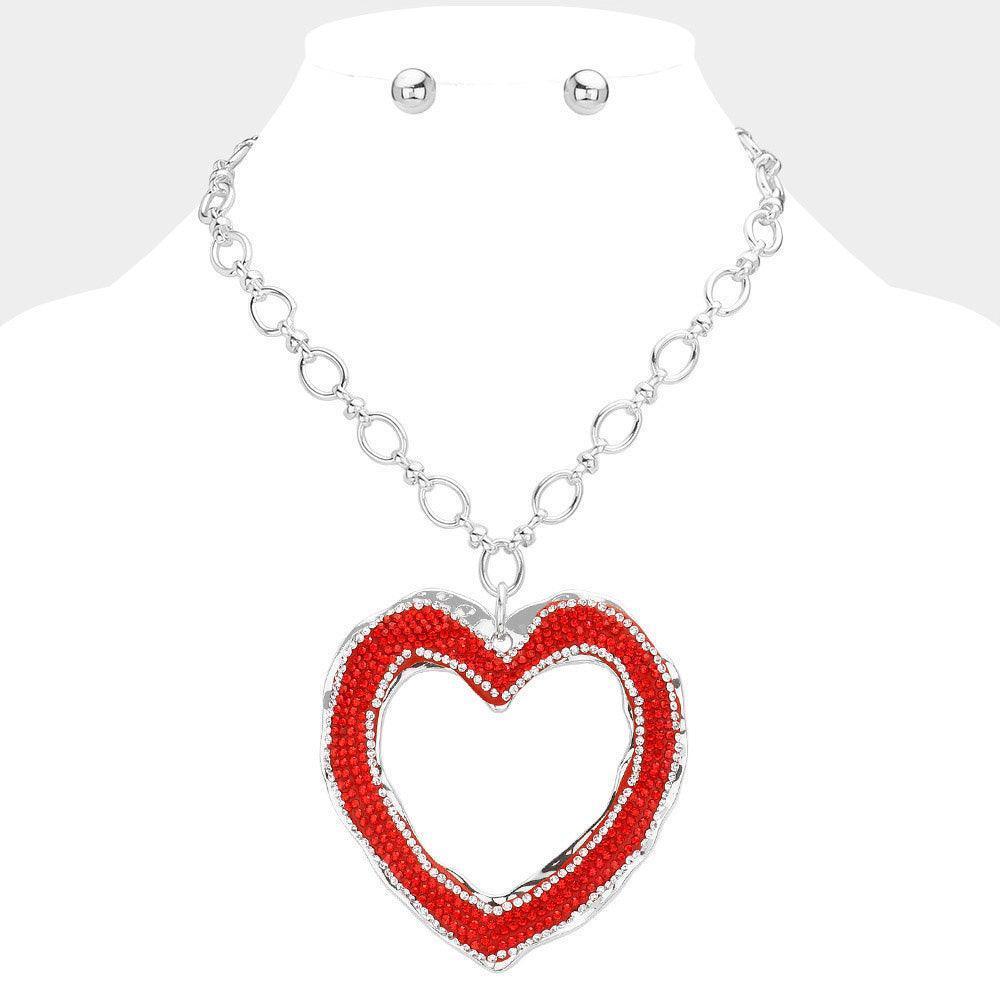 Red Over Sized Stone Paved Open Heart Pendant Chunky Chain Necklace - Jewelry Store by Erik Rayo