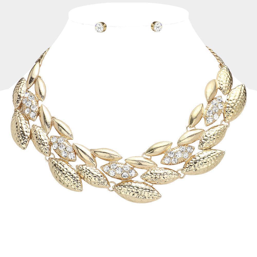 Gold Stone Paved Textured Metal Marquise Embellished Bib Necklace - Jewelry Store by Erik Rayo