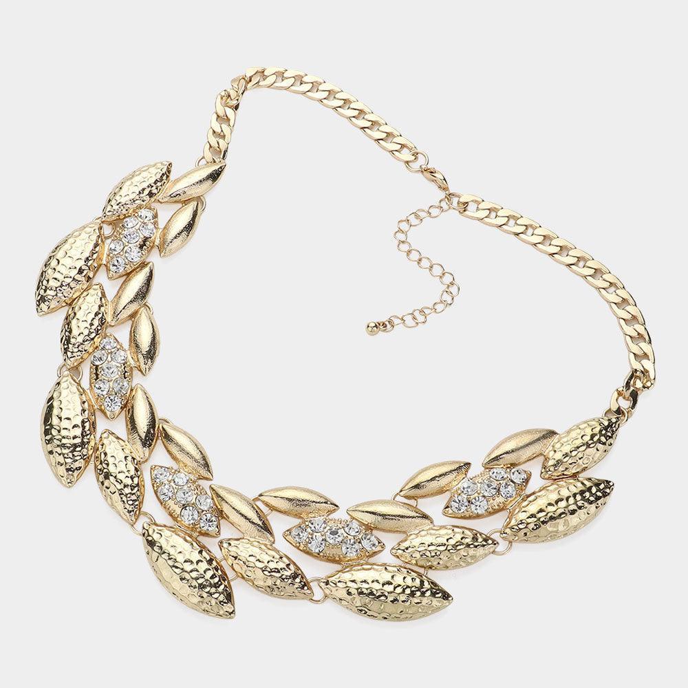 Gold Stone Paved Textured Metal Marquise Embellished Bib Necklace - Jewelry Store by Erik Rayo