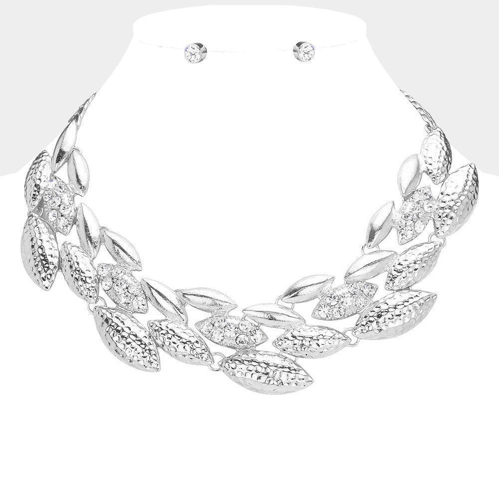Stone Paved Textured Metal Marquise Embellished Bib Necklace - Jewelry Store by Erik Rayo