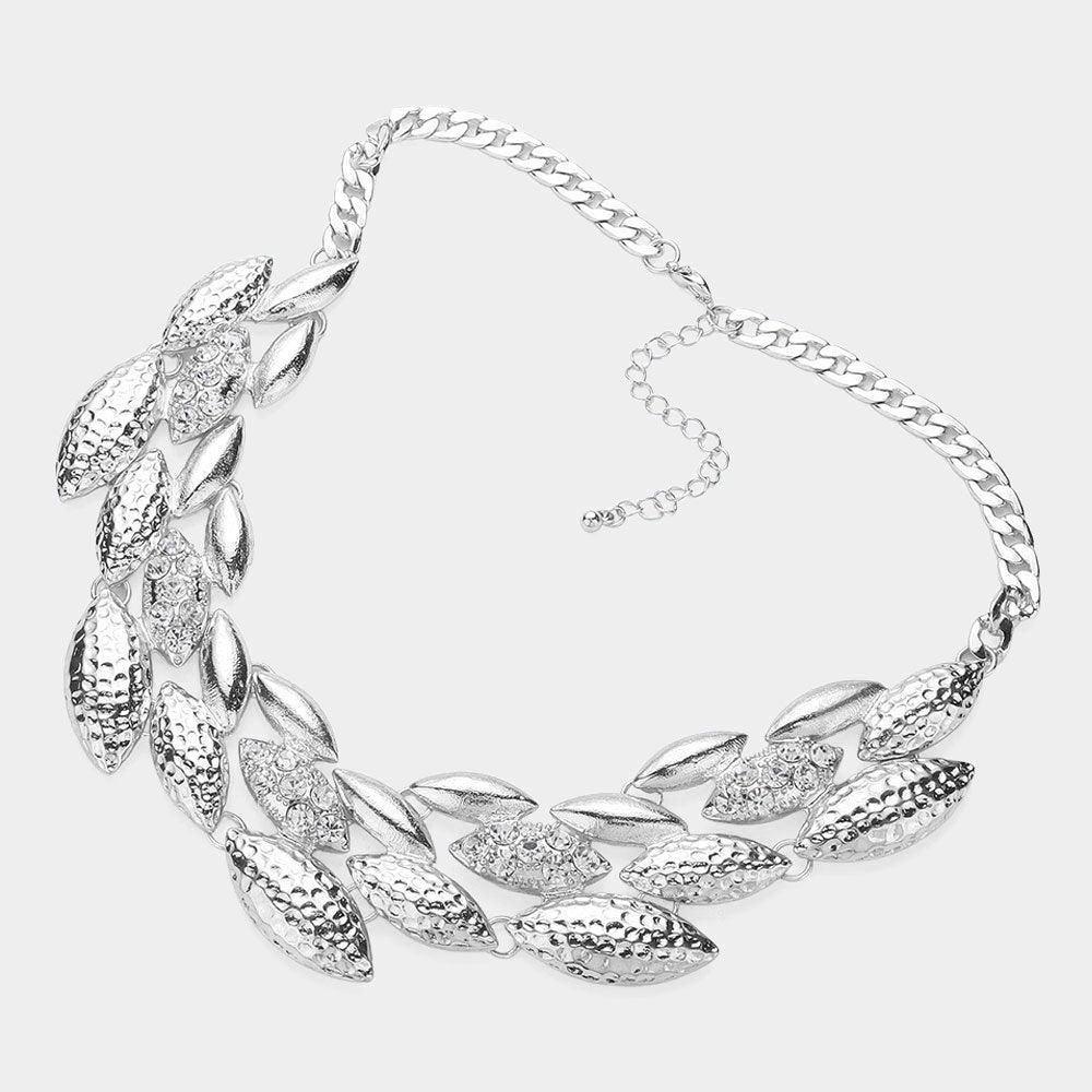 Stone Paved Textured Metal Marquise Embellished Bib Necklace - Jewelry Store by Erik Rayo