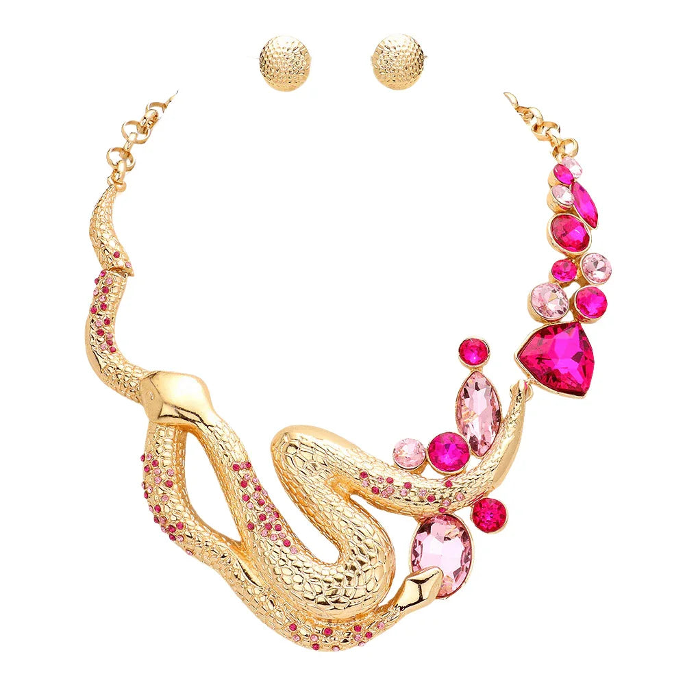 Fuchsia Round Marquise Stone Accented Snake Statement Necklace - Jewelry Store by Erik Rayo