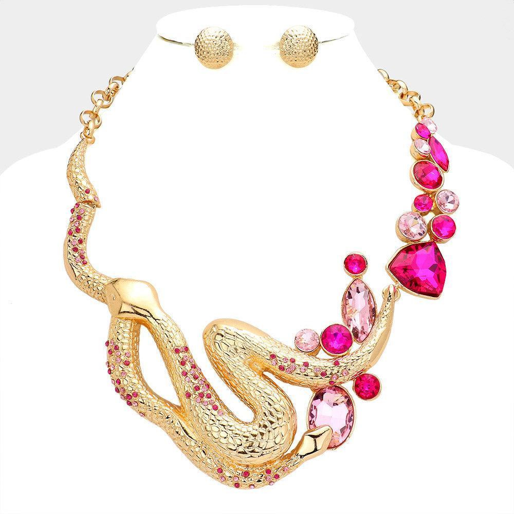 Fuchsia Round Marquise Stone Accented Snake Statement Necklace - Jewelry Store by Erik Rayo