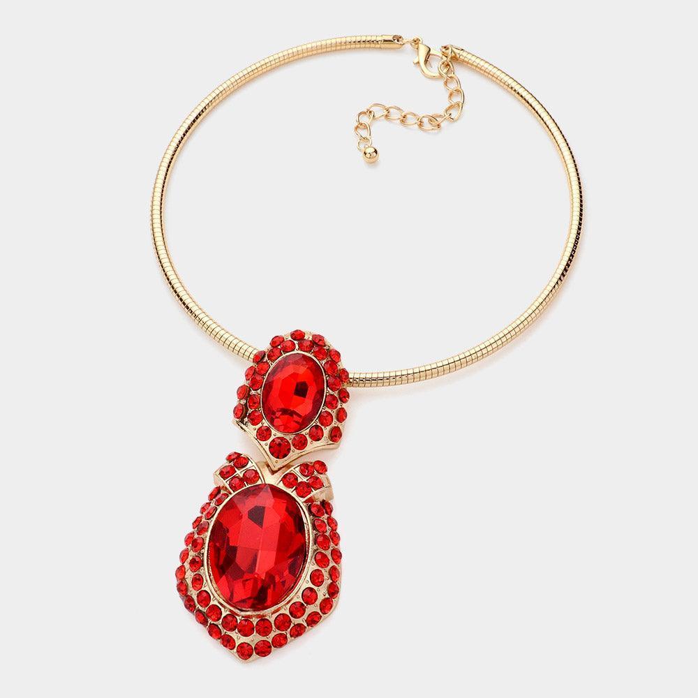 Red Oval Rhinestone Accented Hammered Metal Pendant Statement Necklace - Jewelry Store by Erik Rayo